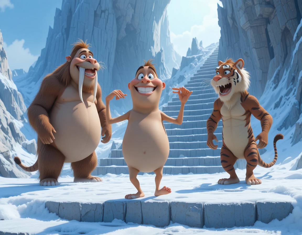 Animali dell’Era Glaciale in stile cartoon in un paesaggio di montagne innevate