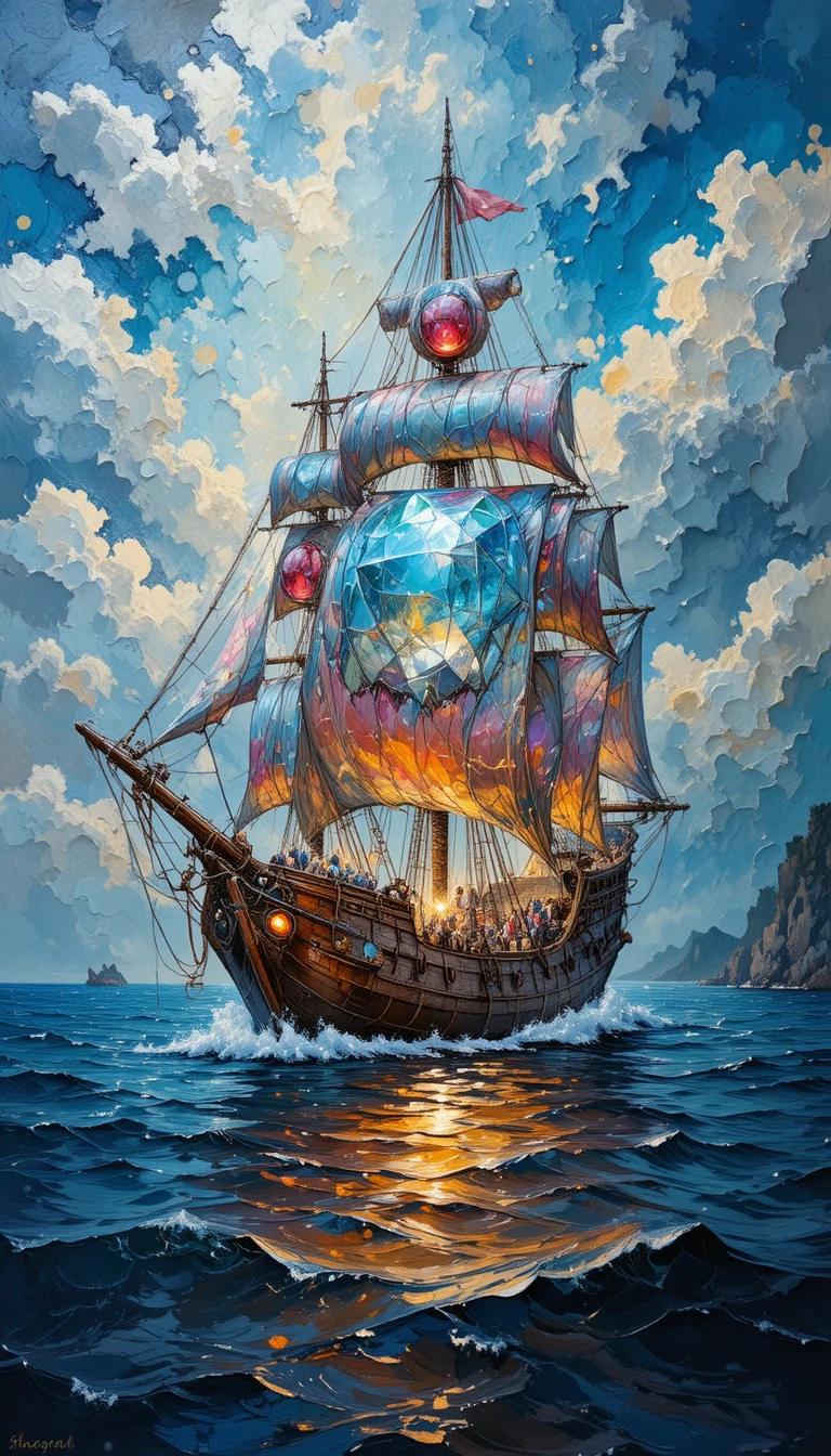 Tableau surréaliste à l’huile d’un navire de pierre lumineuse en mer