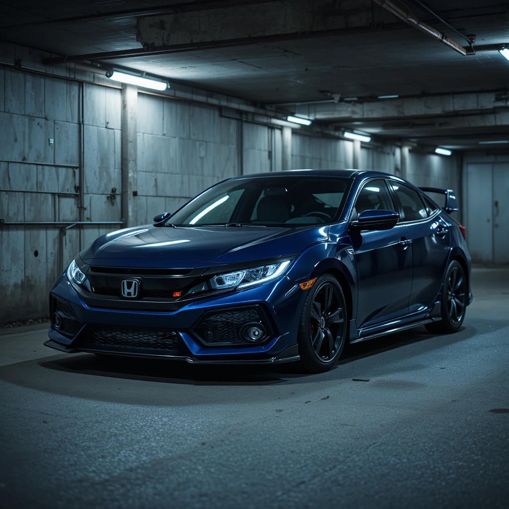 Carro azul-escuro estacionado em uma garagem subterrânea à noite