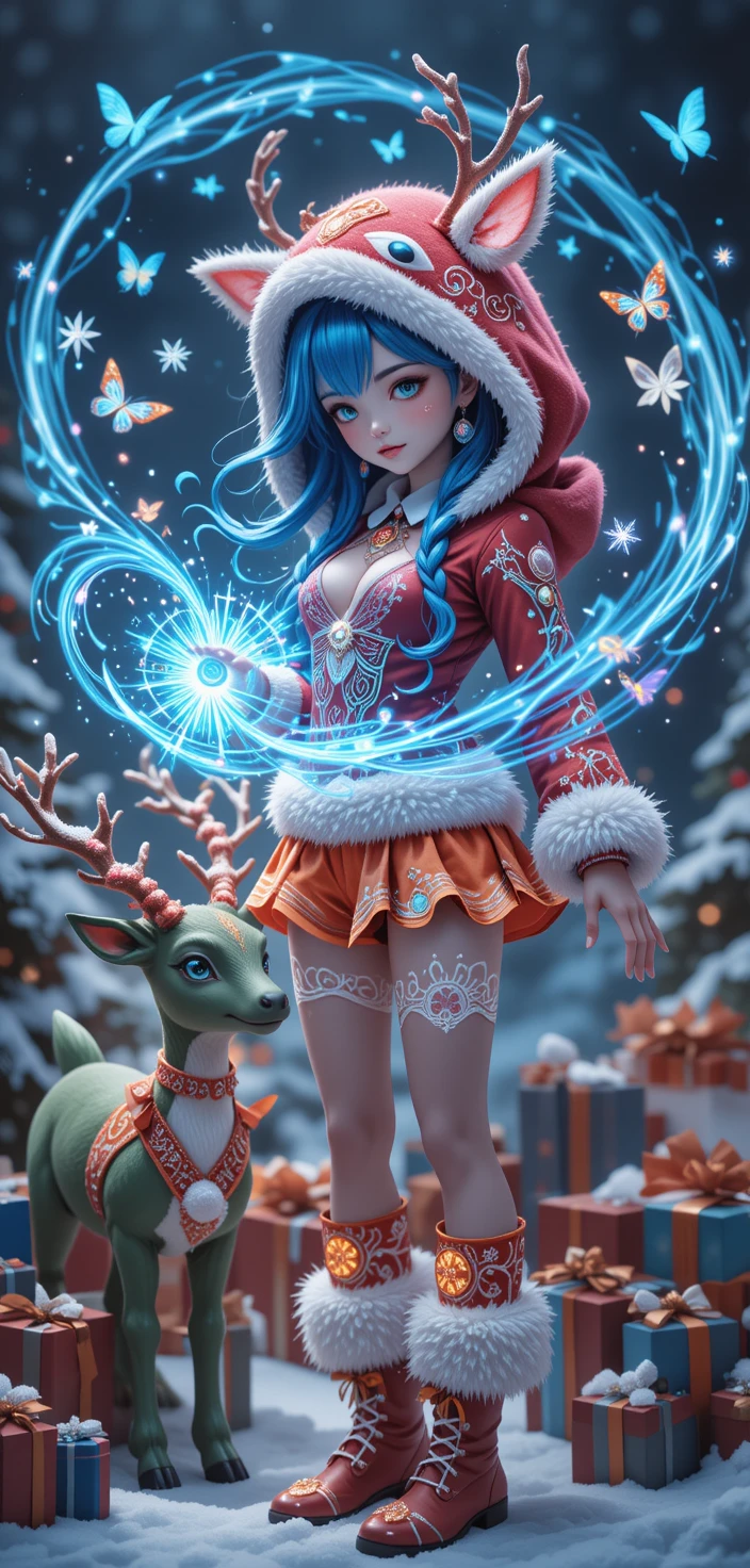 在發光雪花中施展符文魔法的馴鹿少女
