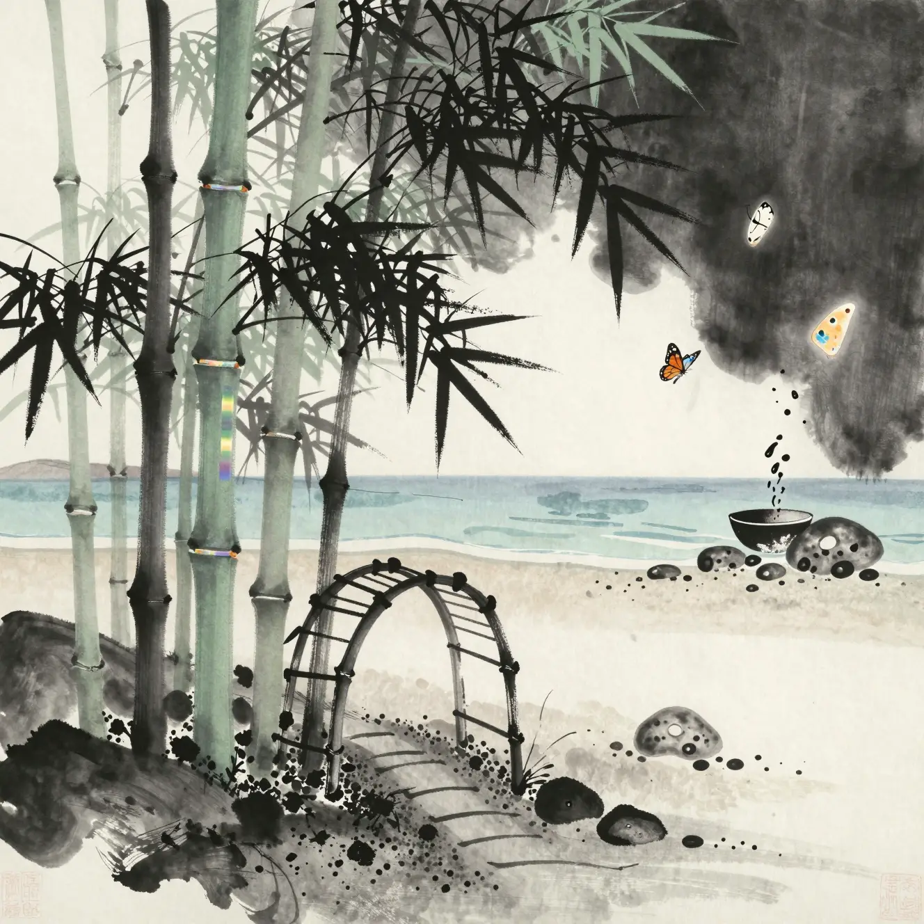 Serene Ink Wash Bamboo Forest On Textured Rice Paper