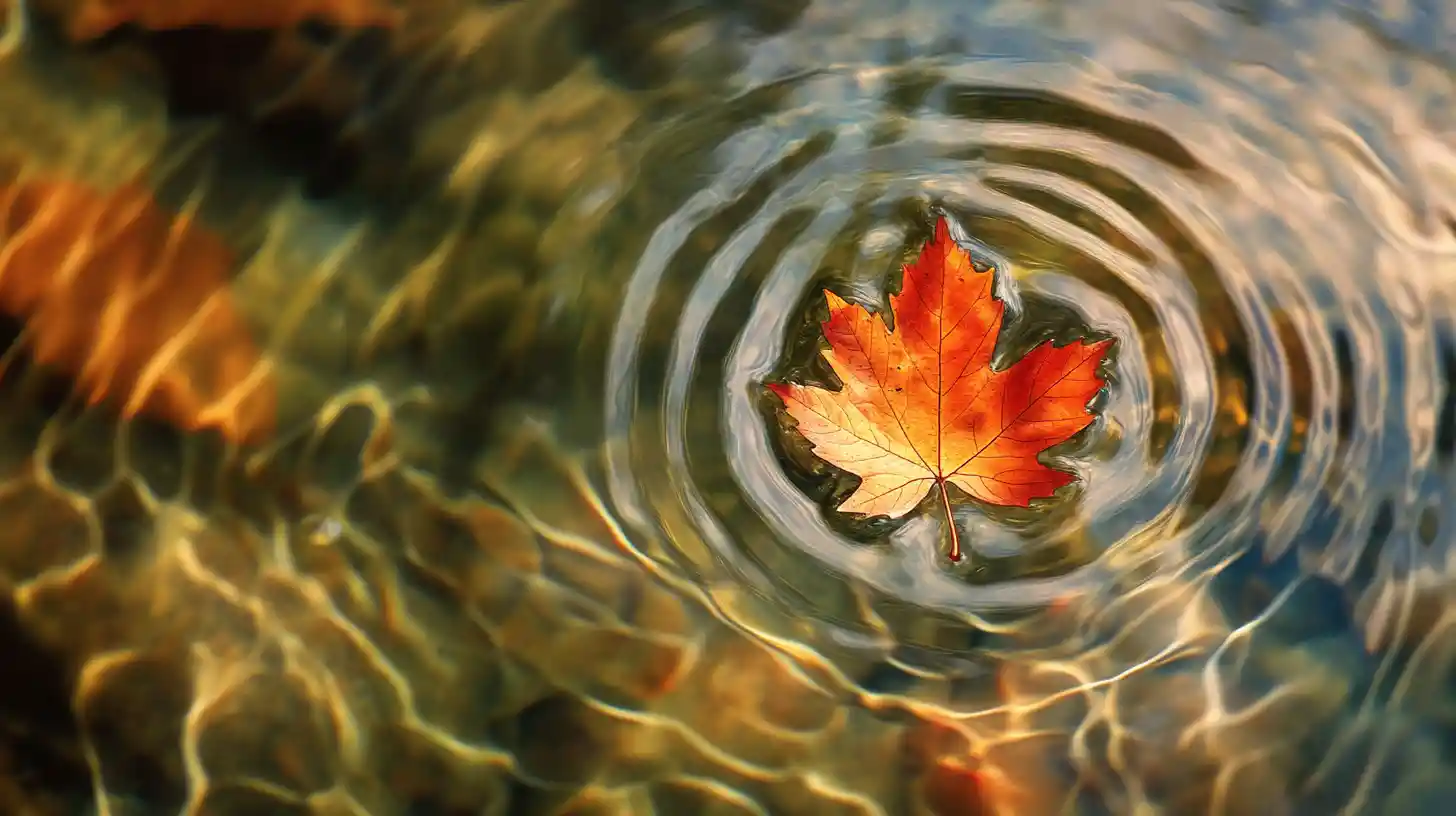 Maple Leaf Floating On A Tranquil Pond With Tiny World