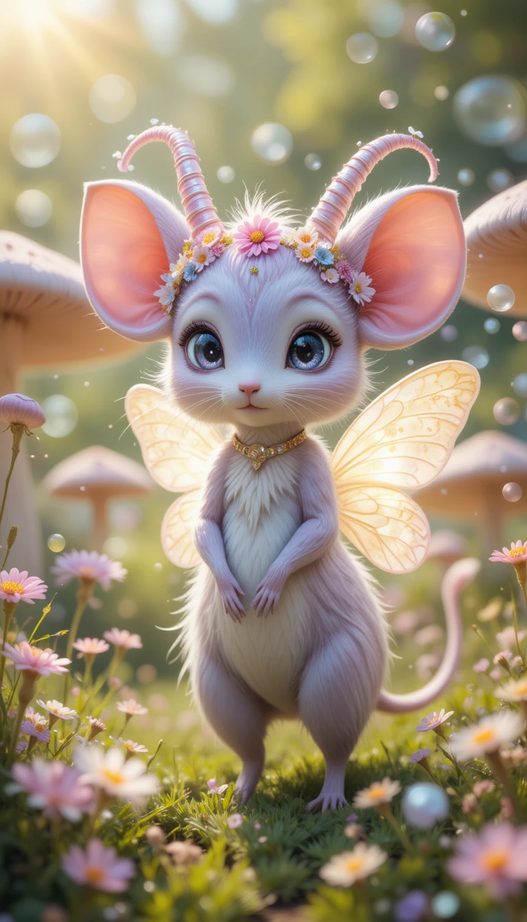 Whimsical horned creature in a glowing fantasy meadow