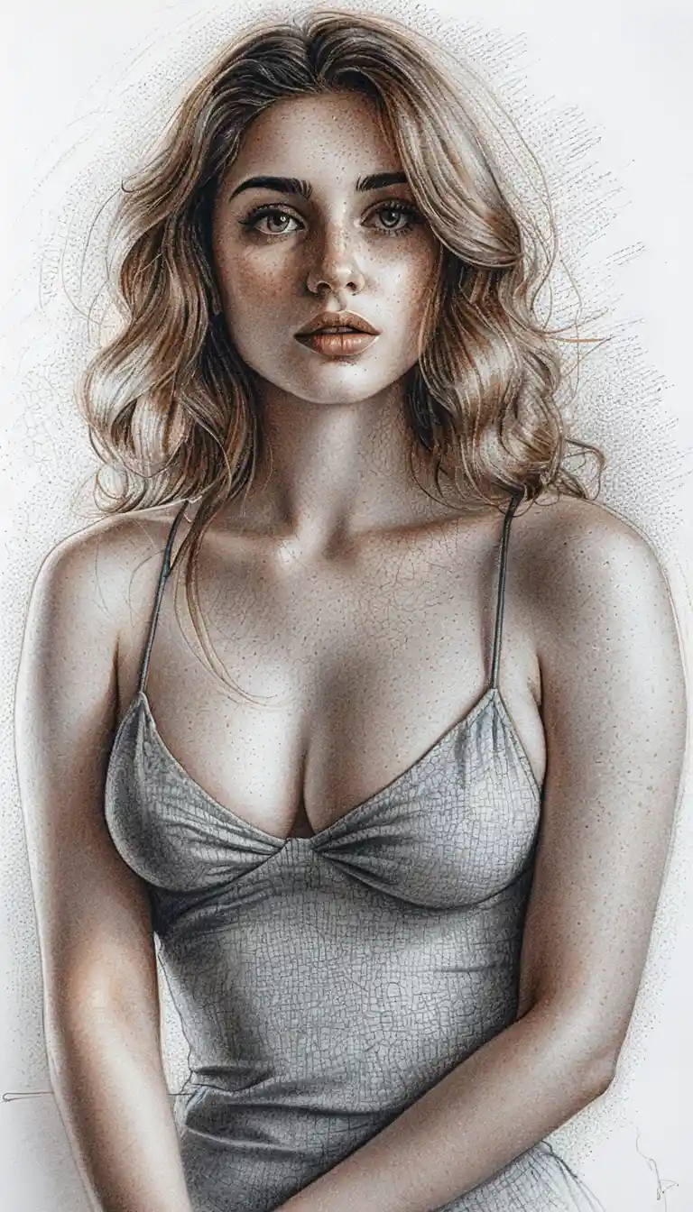 Graphite portrait of a young woman with wavy shoulder length hair