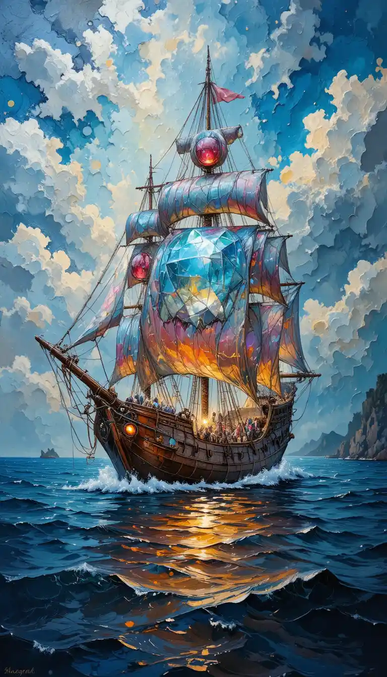 Pintura a óleo surreal de um navio de pedra luminosa no mar