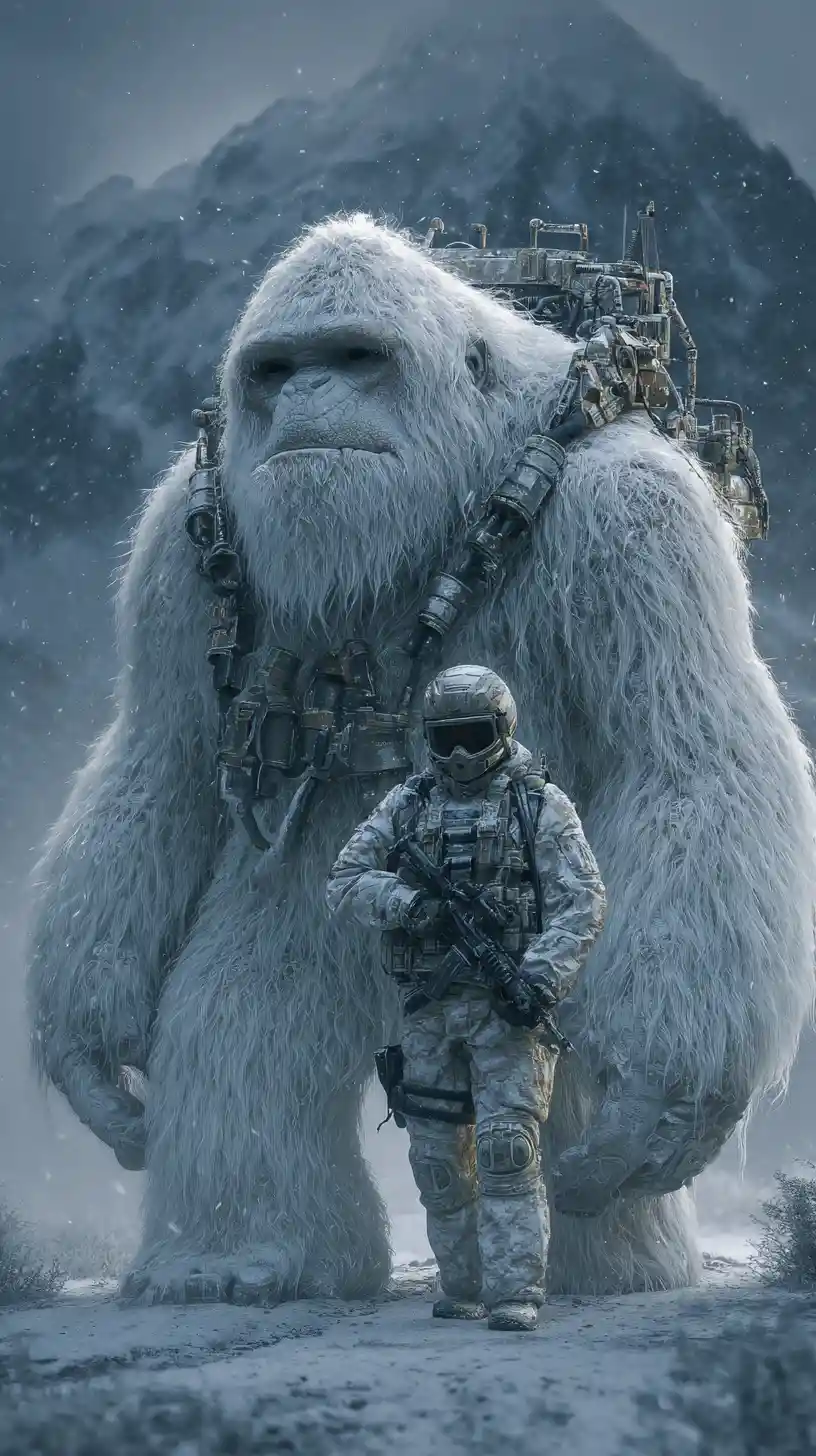 Yeti branco cibernético em armadura de perto em uma montanha nevada