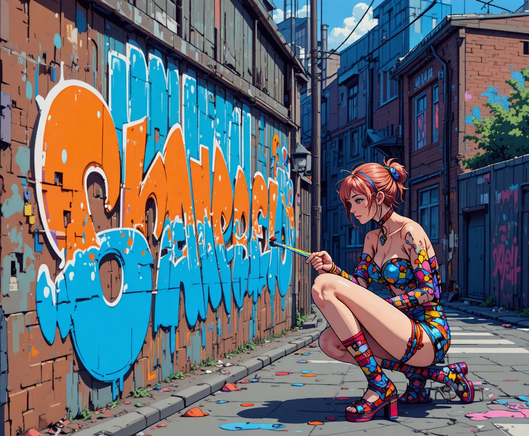 Chica anime haciendo grafiti en una calle urbana de pixel art