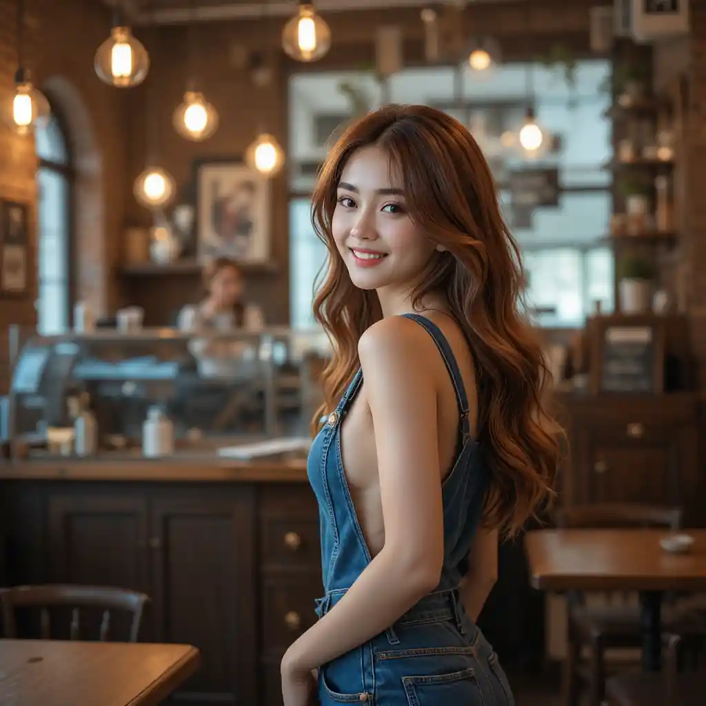 Surprised Korean woman in denim overalls at warm coffee shop