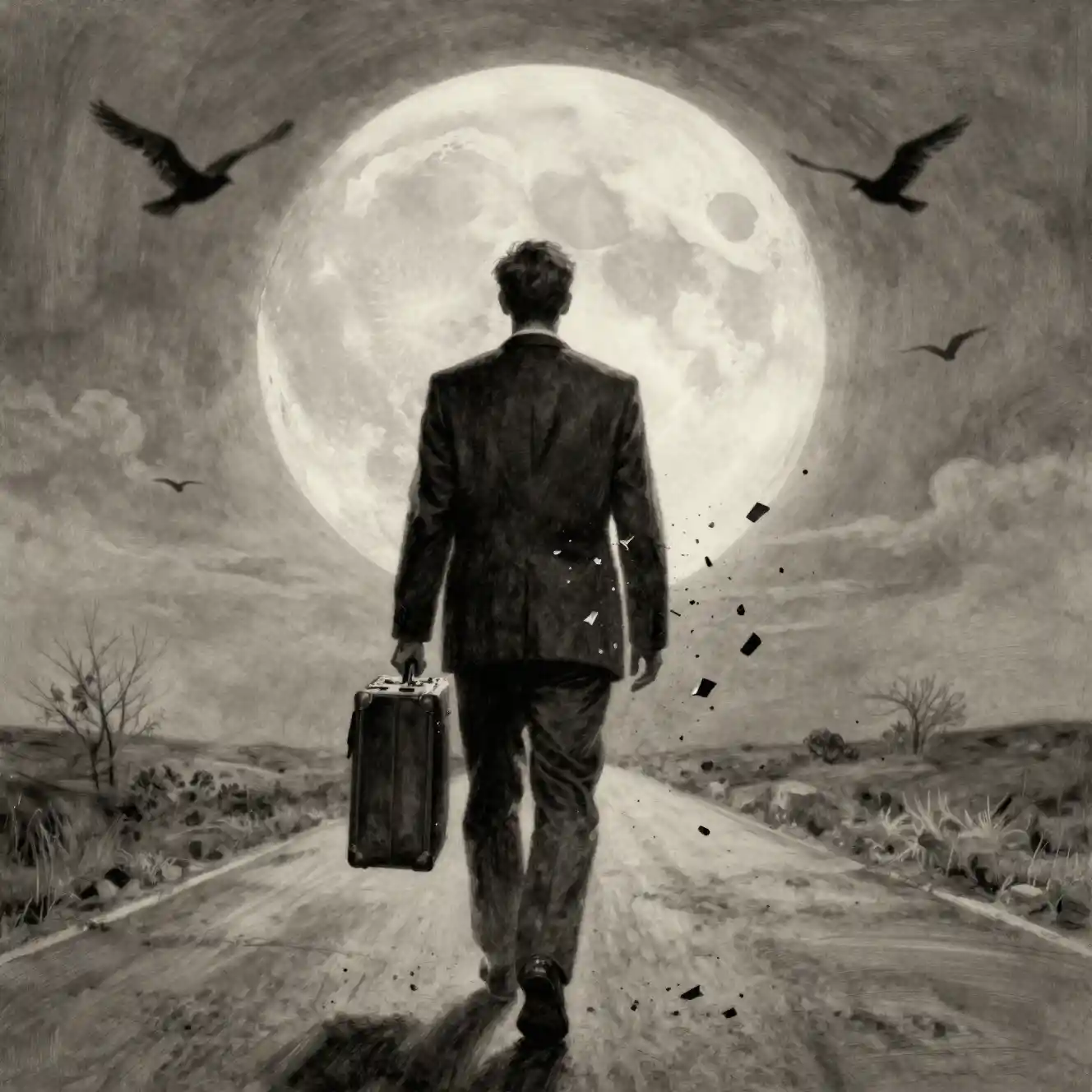 Man in suit dissolving on lonely road under bright moon