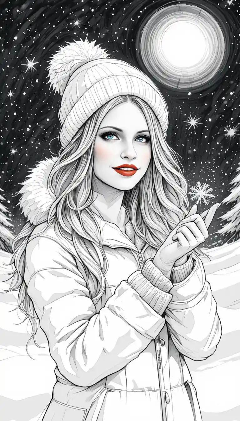 Blonde Frau fängt Schneeflocken im winterlichen Mondlicht