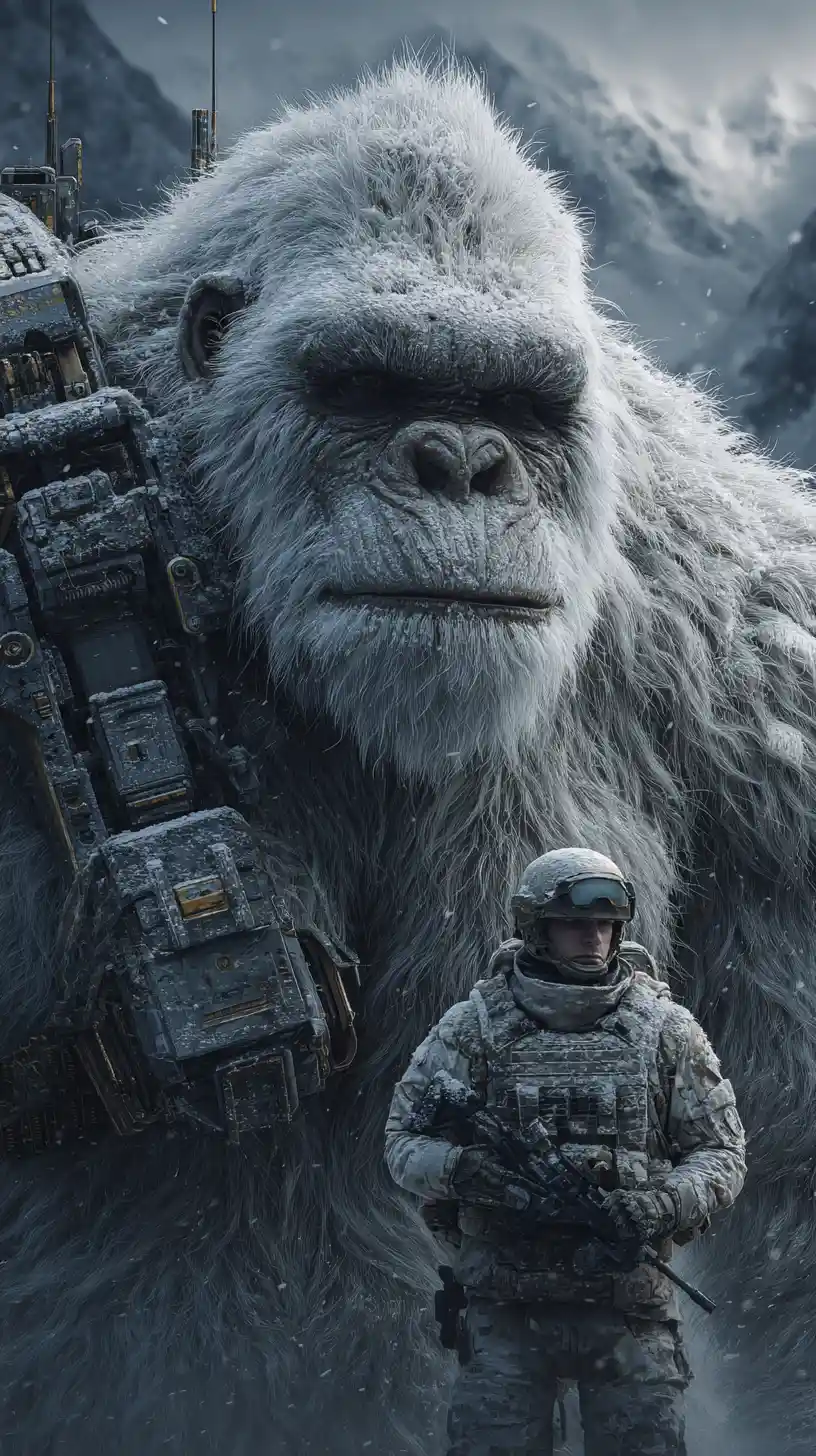 Yeti cibernético blindado en primer plano junto a un soldado de invierno