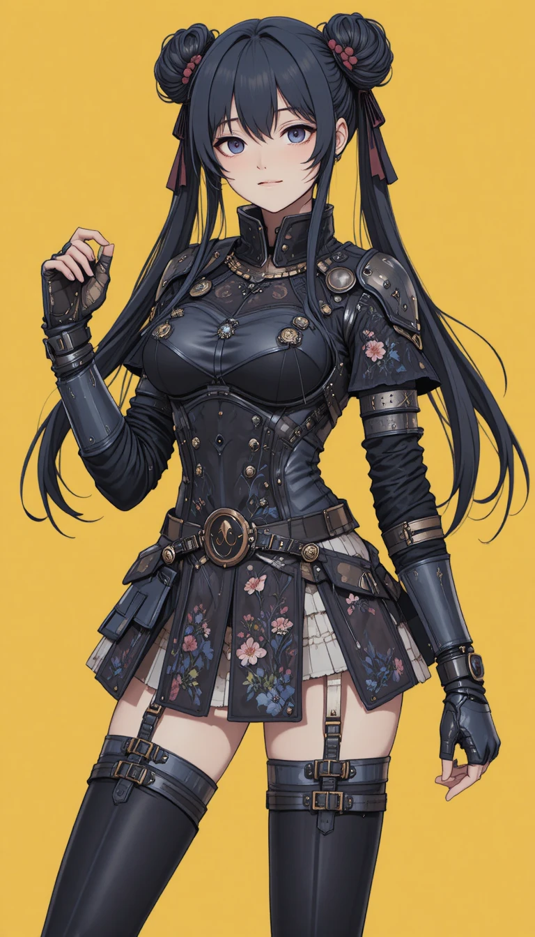 Guerreira de anime em armadura escura sobre fundo amarelo
