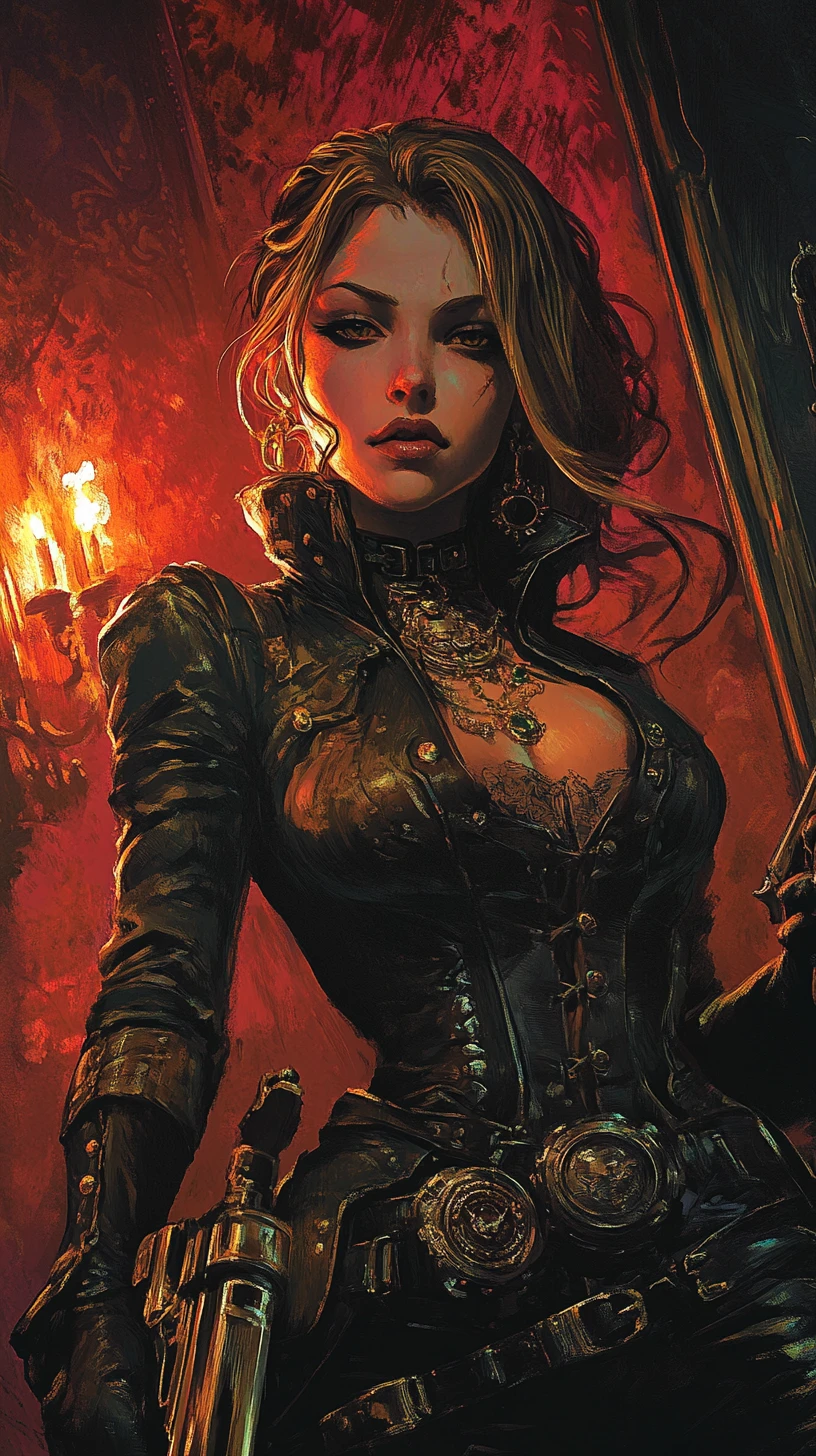 Prêtresse vampire dans des rues steampunk brumeuses la nuit