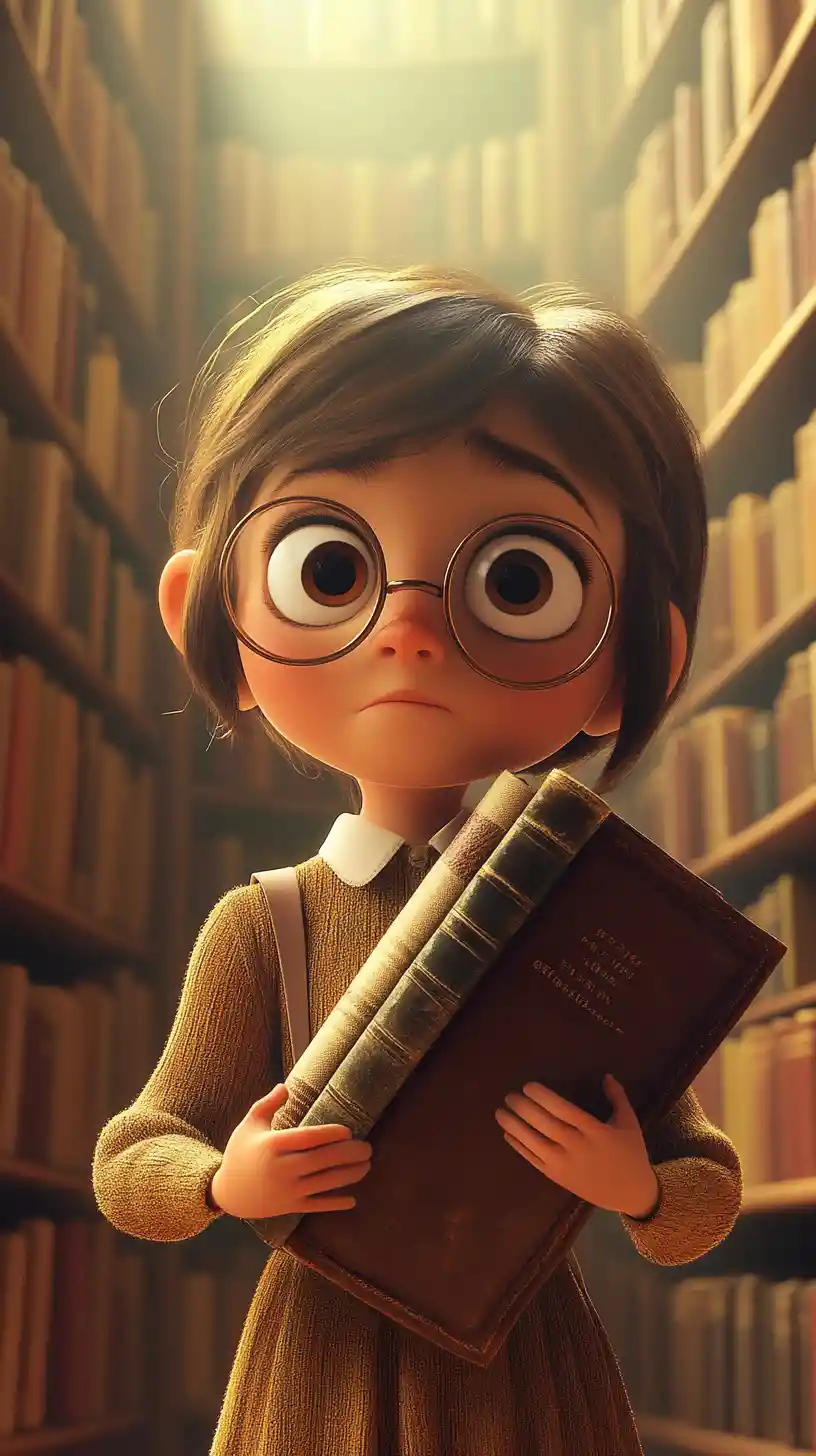 Curious girl with books in a warm 3D library