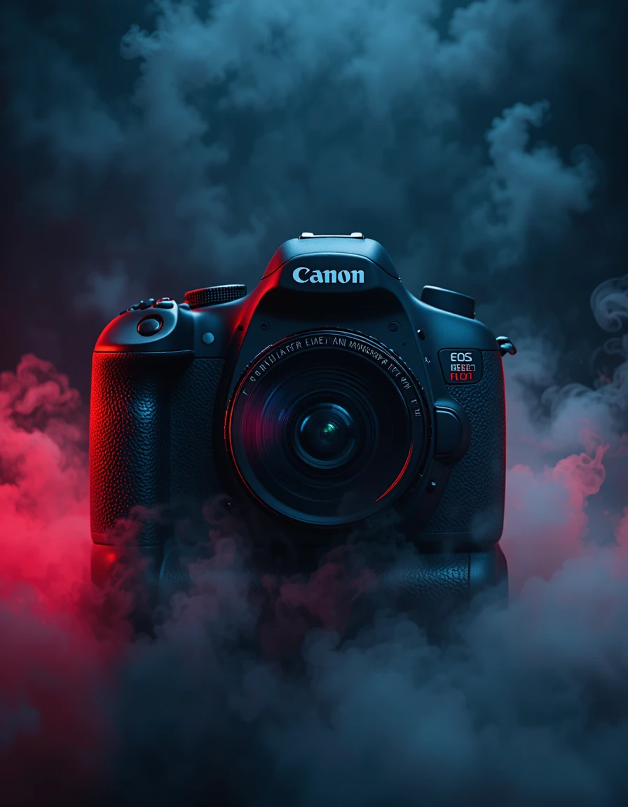 Câmera DSLR Canon em fundo de estúdio escuro e cinematográfico