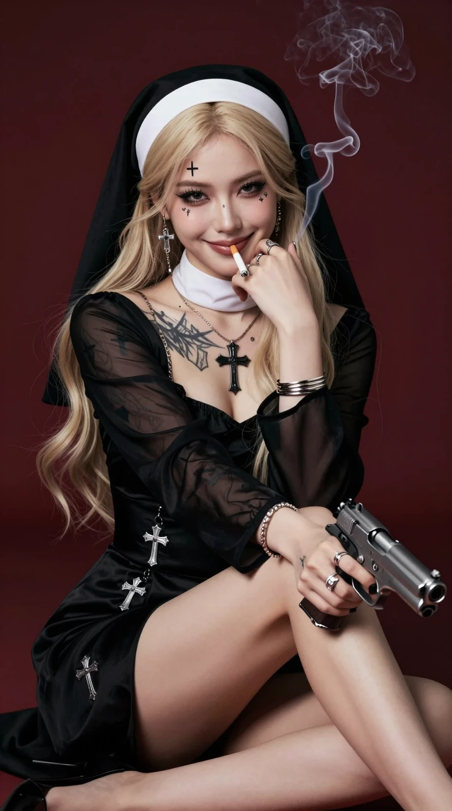 총을 들고 담배를 피우는 문신 수녀의 시네마틱 초상