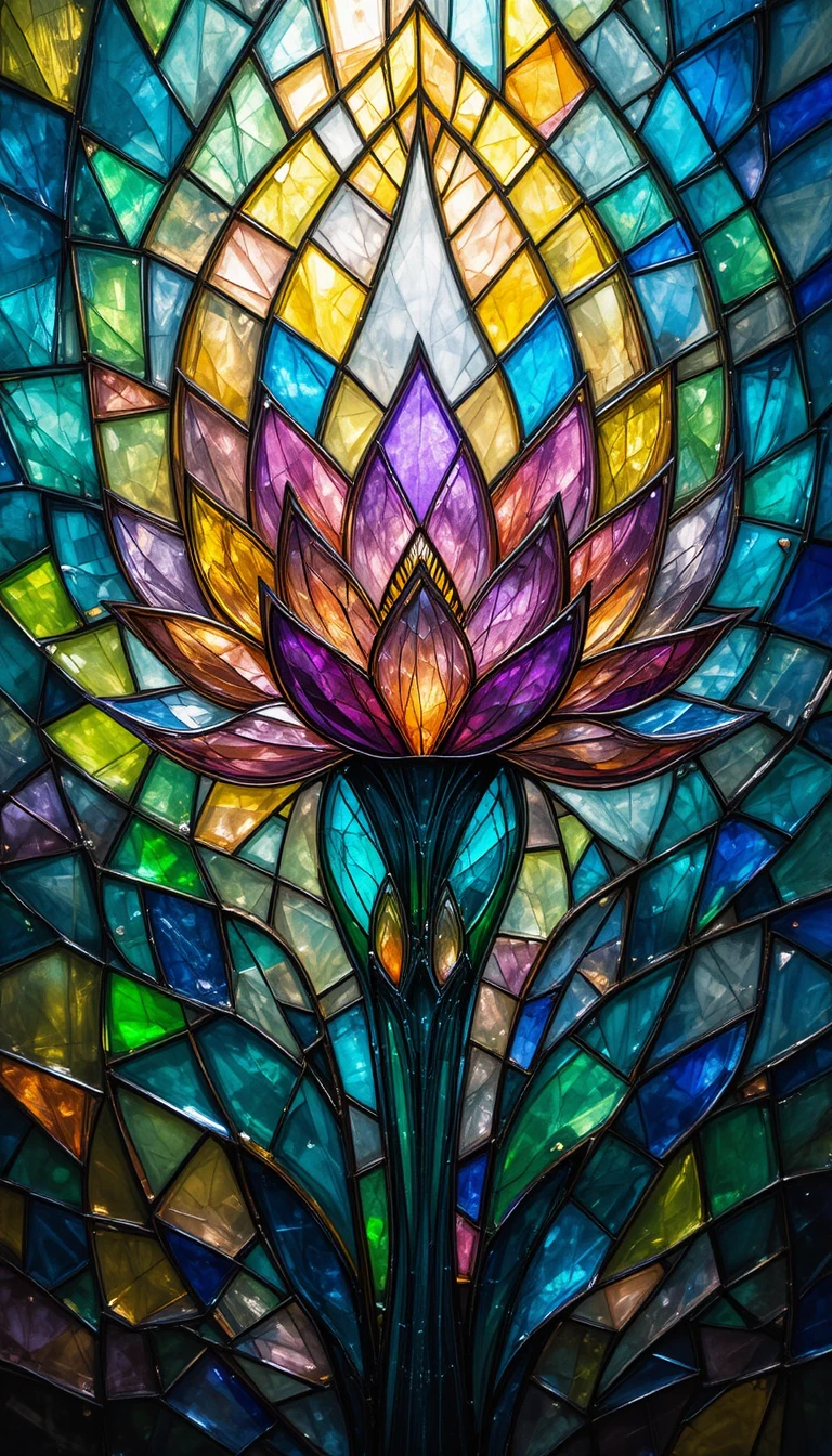 Vibrant stained glass mosaic with blooming geometric shards