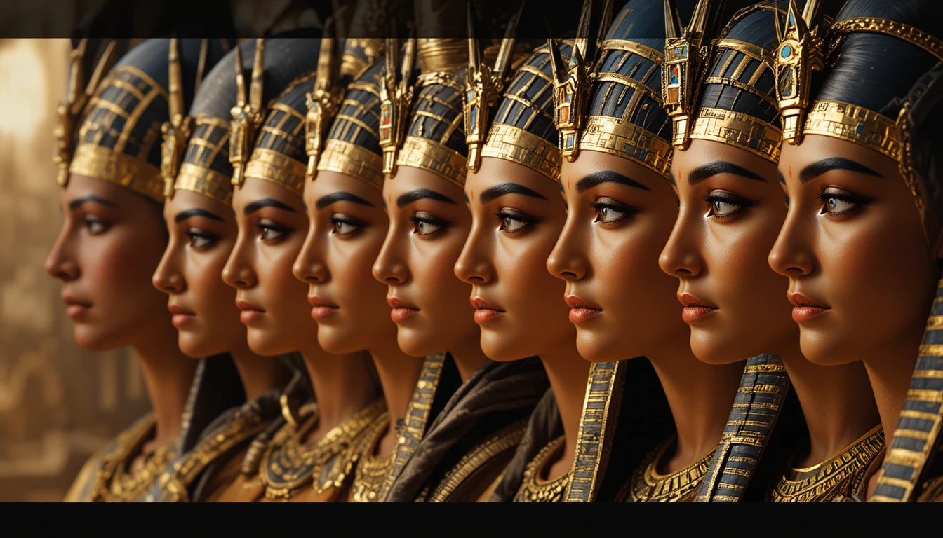 Ancient Egyptian pharaohs and queens standing together