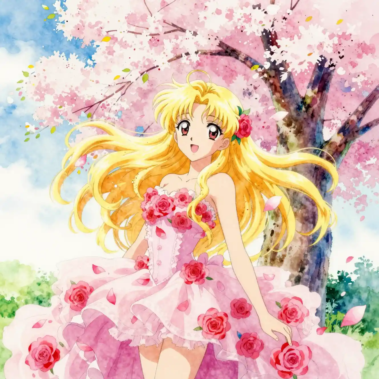 Anime blonde beauty in rose petal dress under blossoms