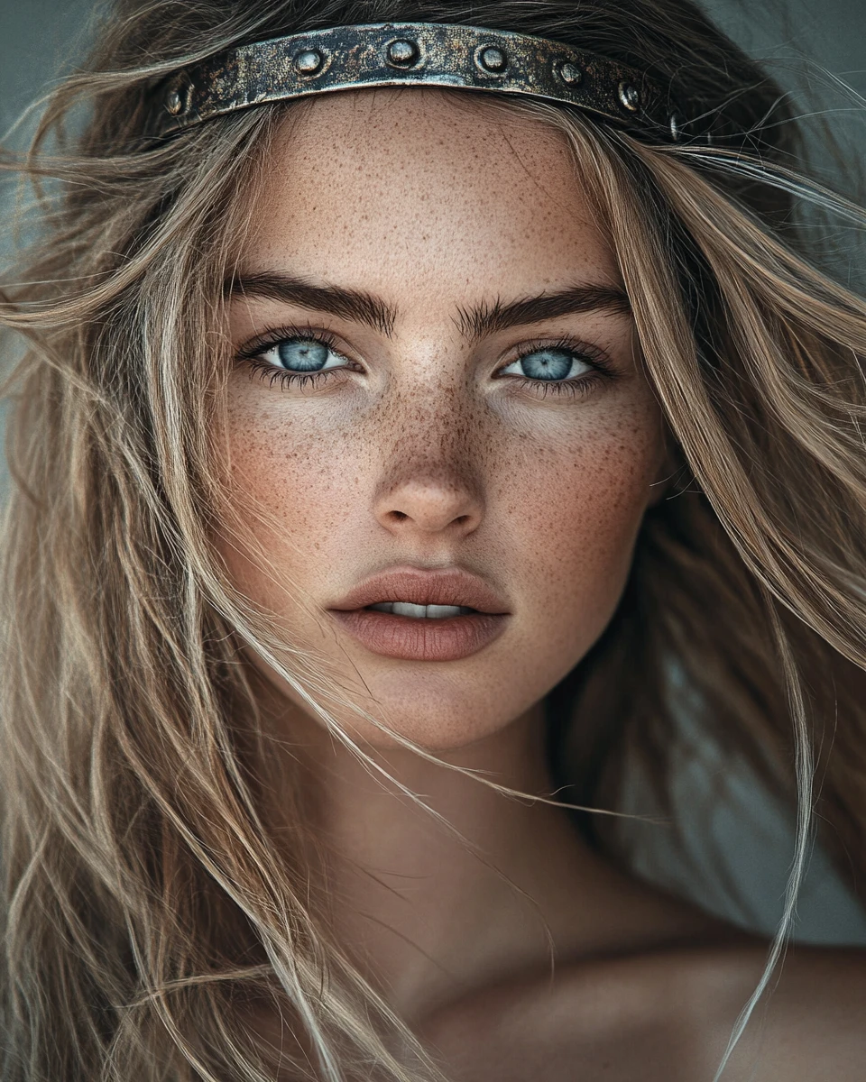 Warrior woman close up with windblown hair and headband
