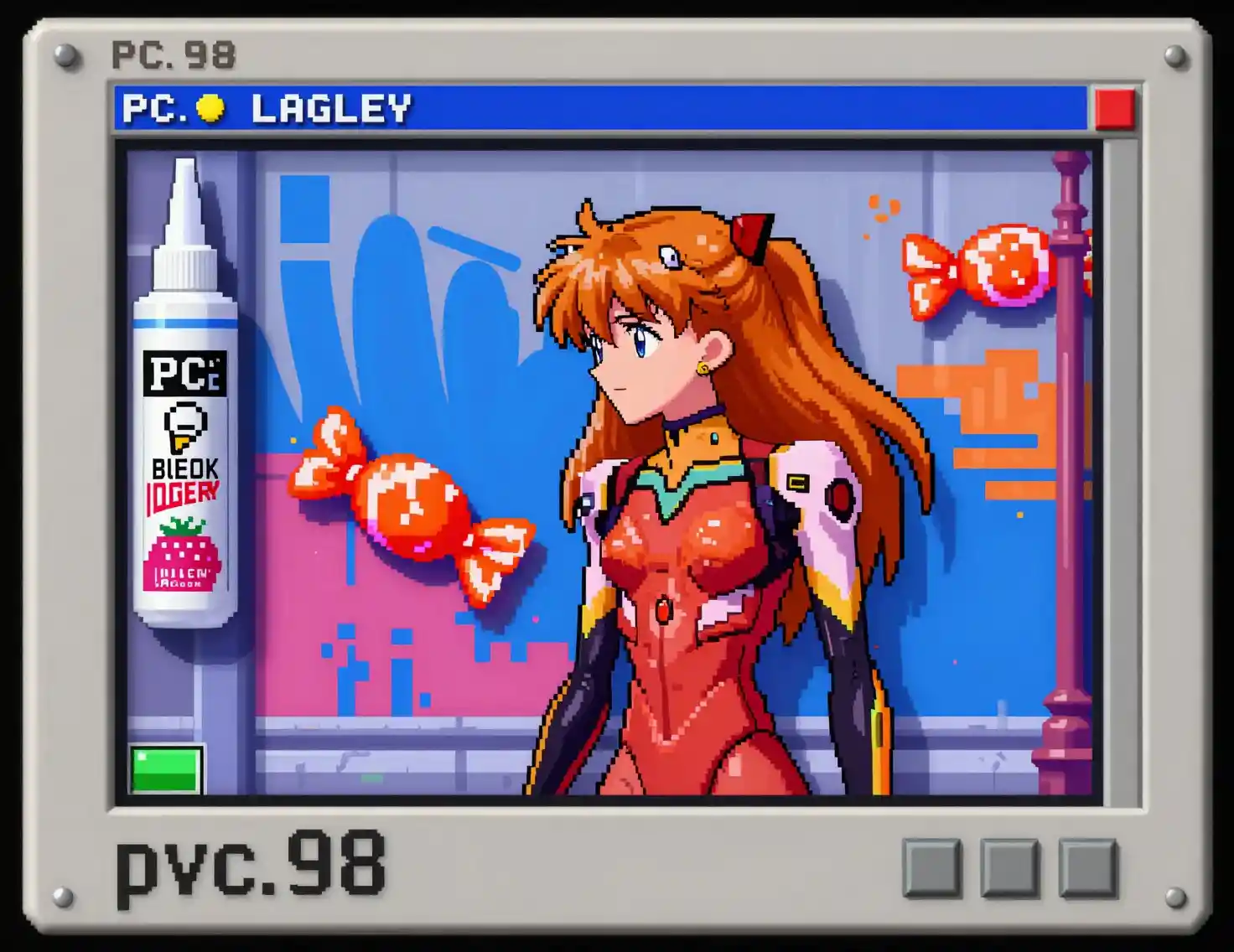 Anime girl spraying graffiti on a retro pixel city street