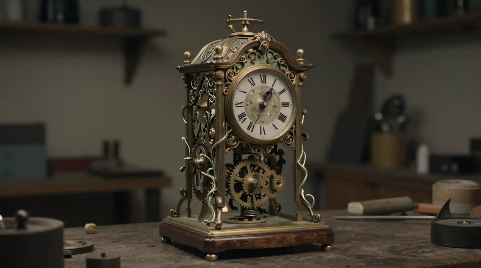 Art nouveau clockwork automaton in a dim workshop