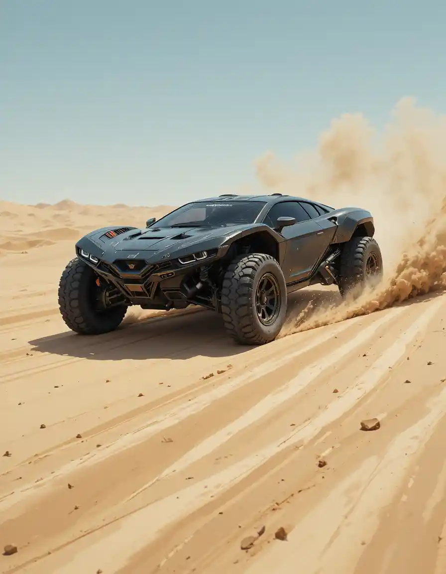 Armored futuristic hypercar racing through a vast desert
