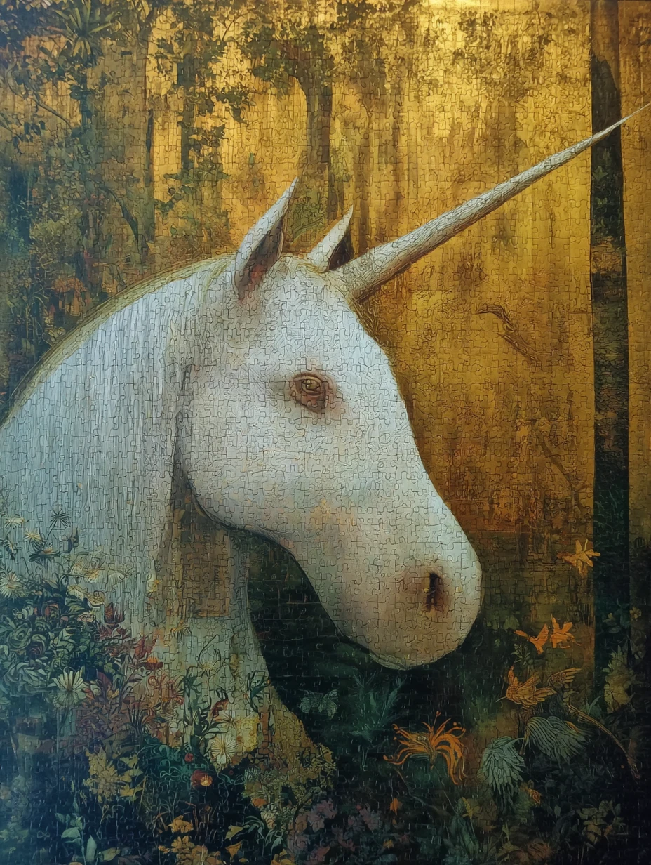 Surreal schnurrendes Einhorn in einer dunklen Fantasy-Traumwelt