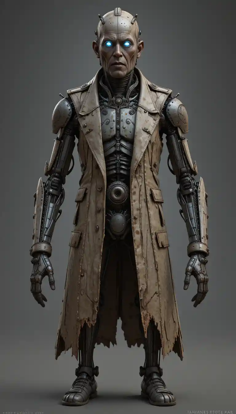 Robot humanoide oxidado con gabardina – hoja de personaje