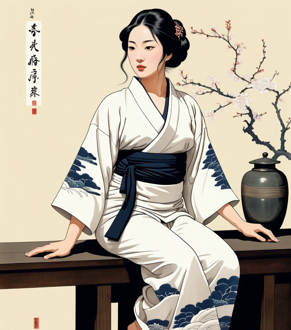 Vietnamese woman in silk yukata in minimalist interior