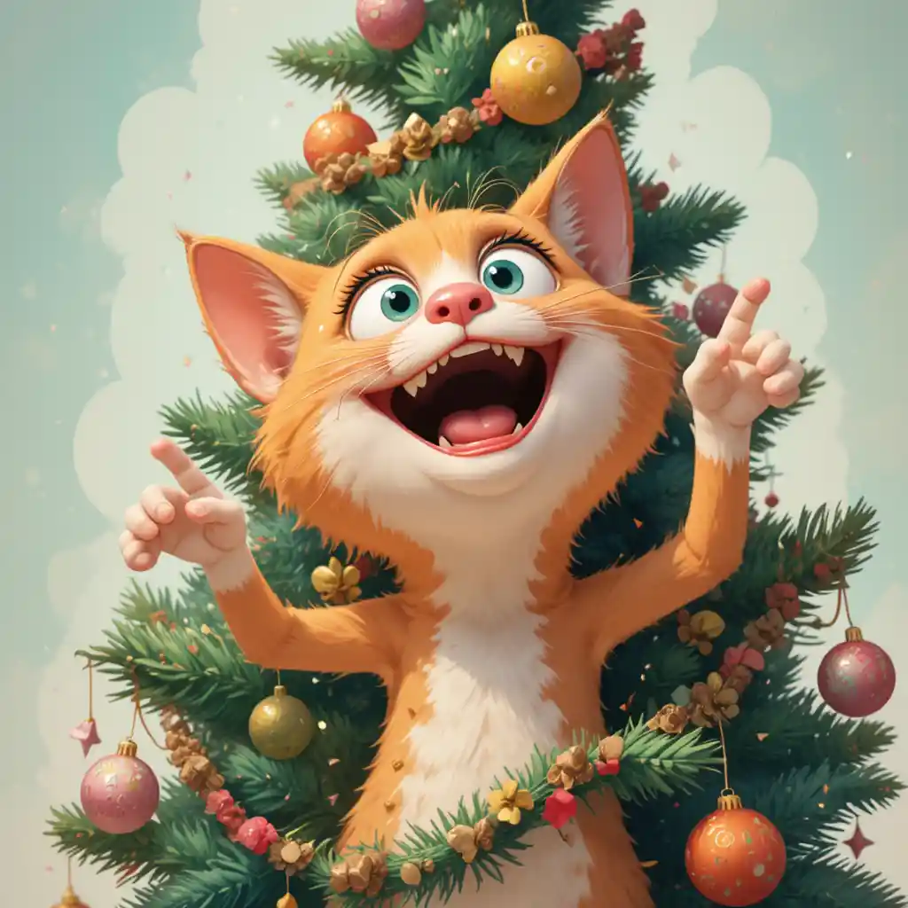 Gatto cartoon giocoso che guarda in su verso un albero di Capodanno decorato