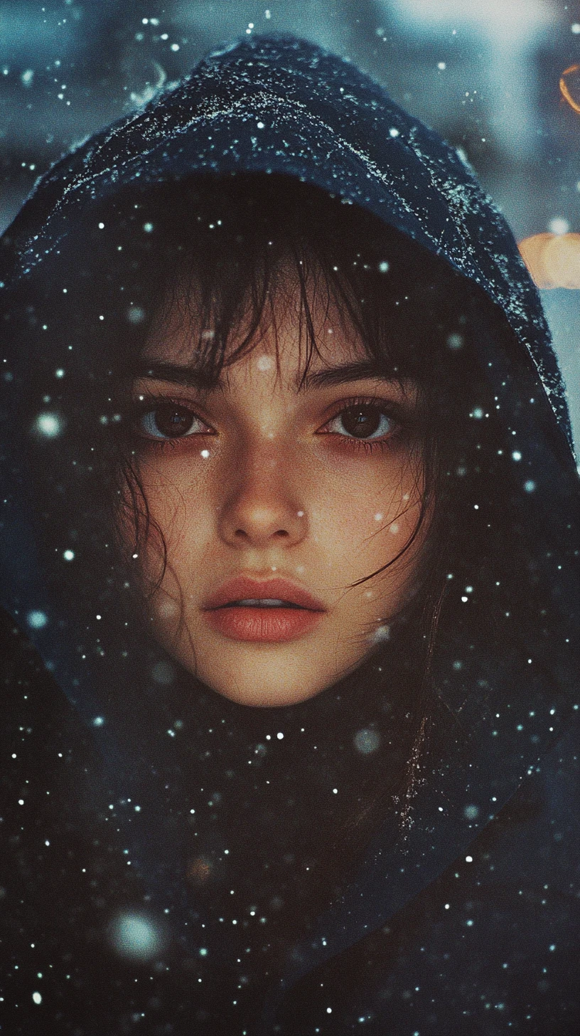 Close up cat girl in a dark blue coat in snowfall