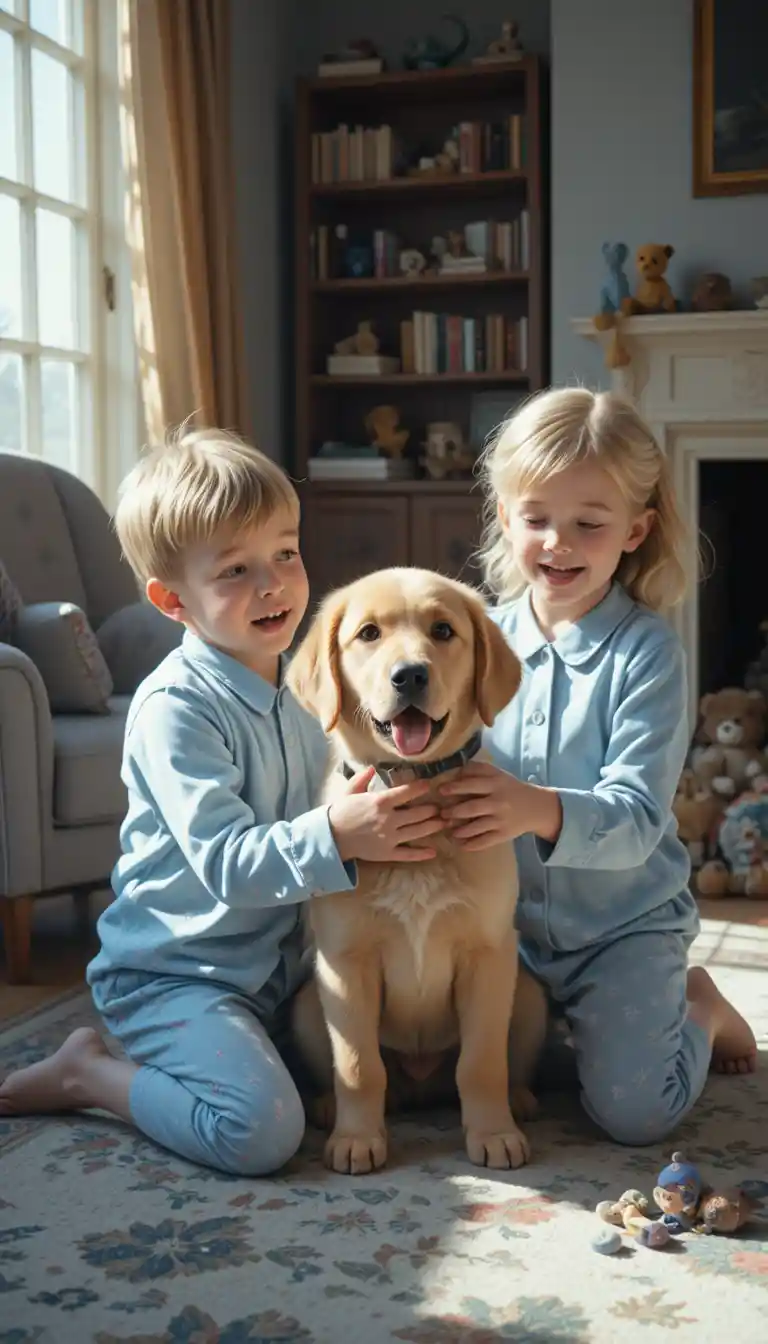 Two children in pajamas playing with a golden retriever puppy