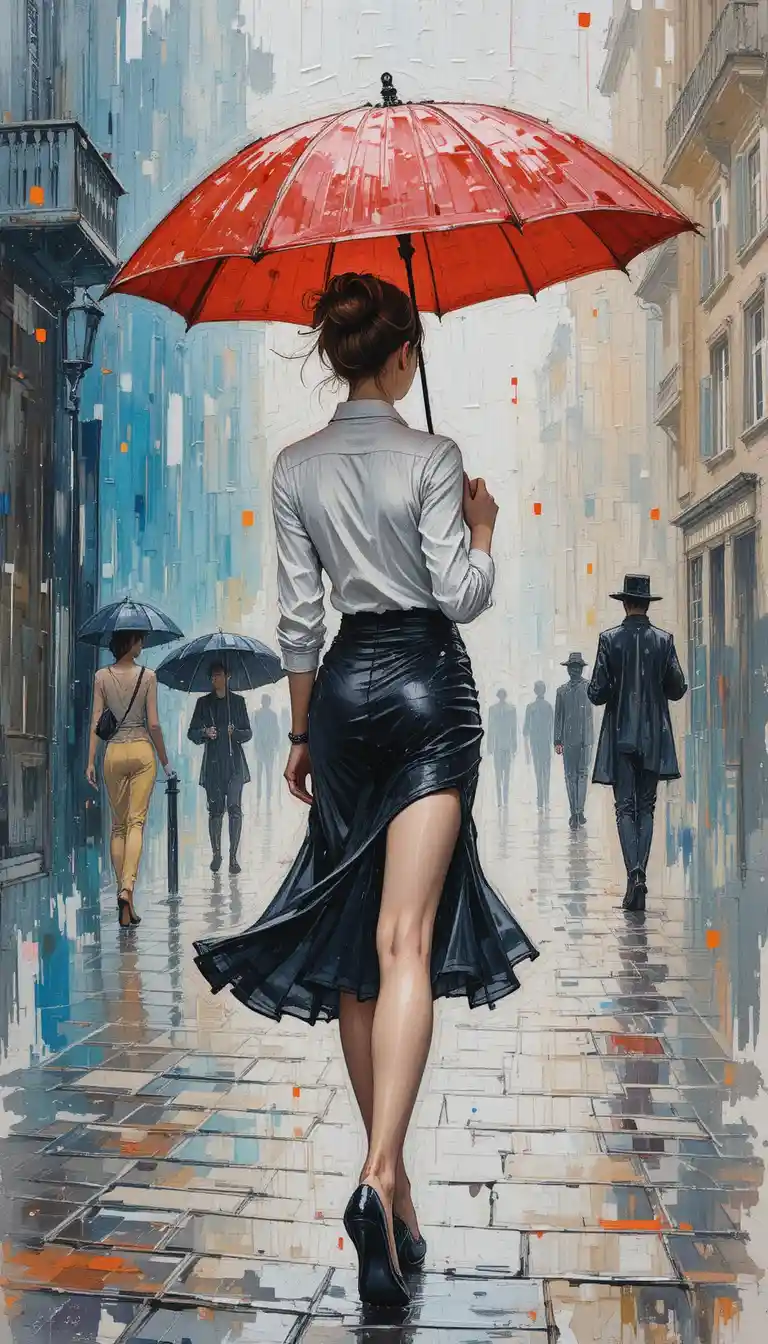 Elegant woman with red umbrella on rainy city street