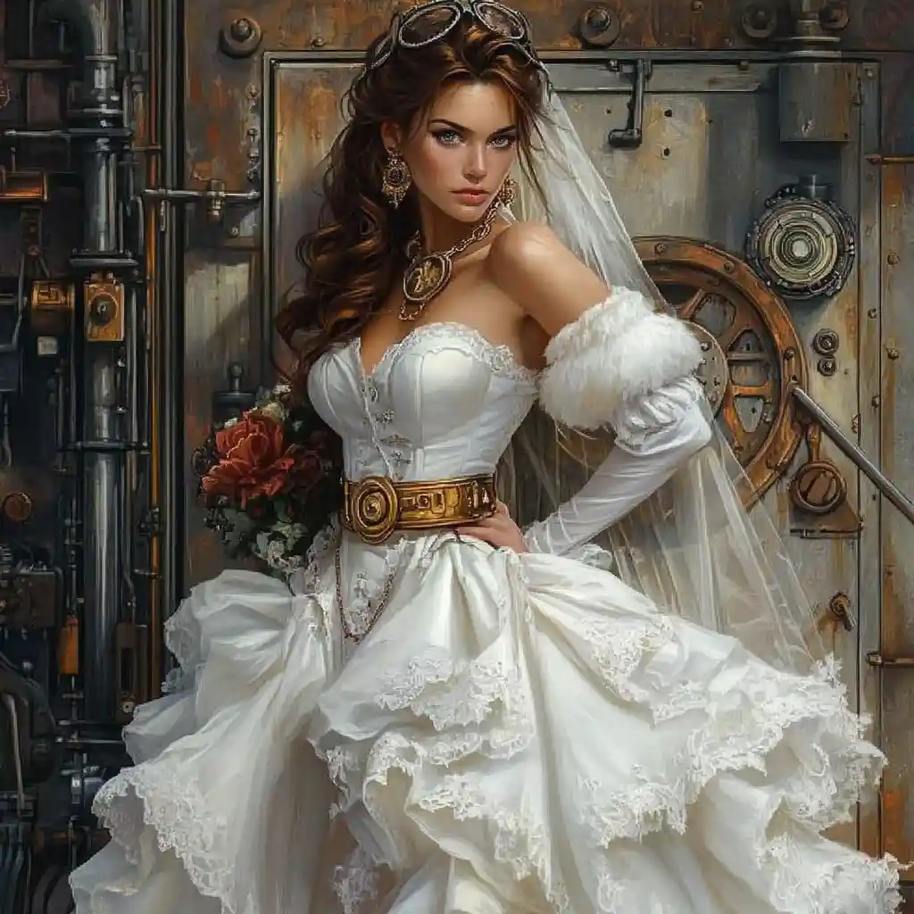 Mariée steampunk en robe blanche à l’entrée d’une ancienne usine