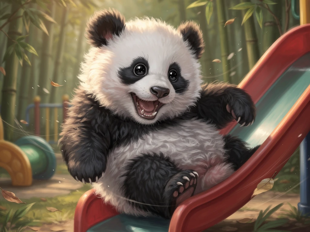 Cucciolo di panda che scivola su uno scivolo colorato del parco giochi