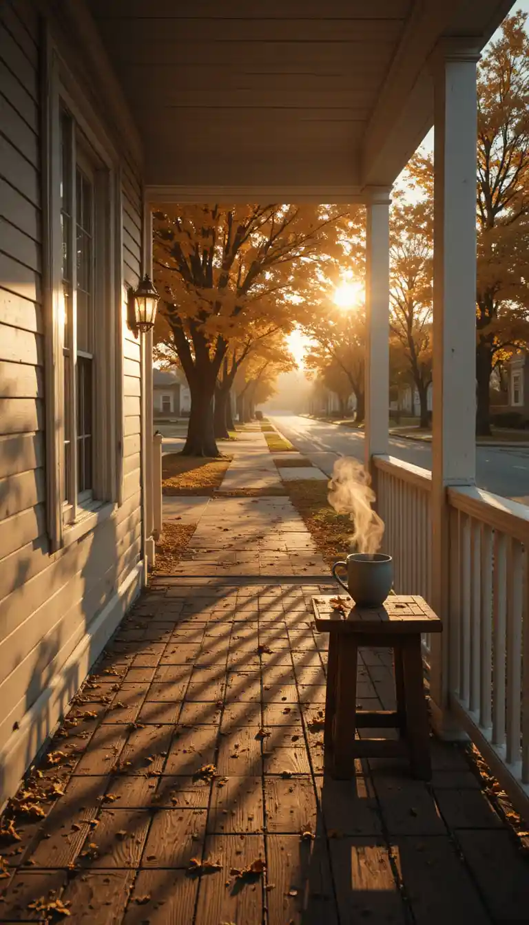Quiet front porch glowing in soft golden morning light