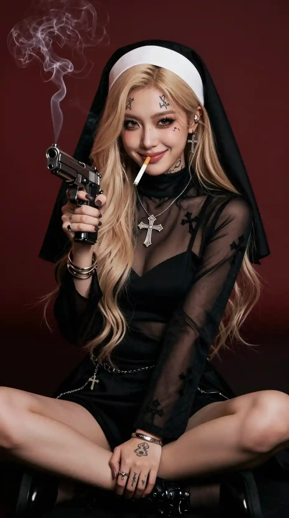 Tattooed nun smoking with gun in cinematic portrait