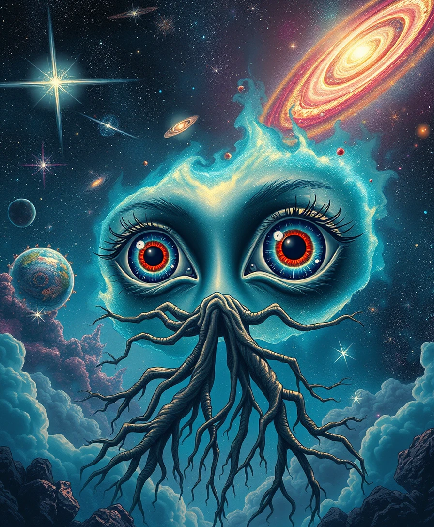 Yeux cosmiques surréalistes enlacés de racines galactiques lumineuses