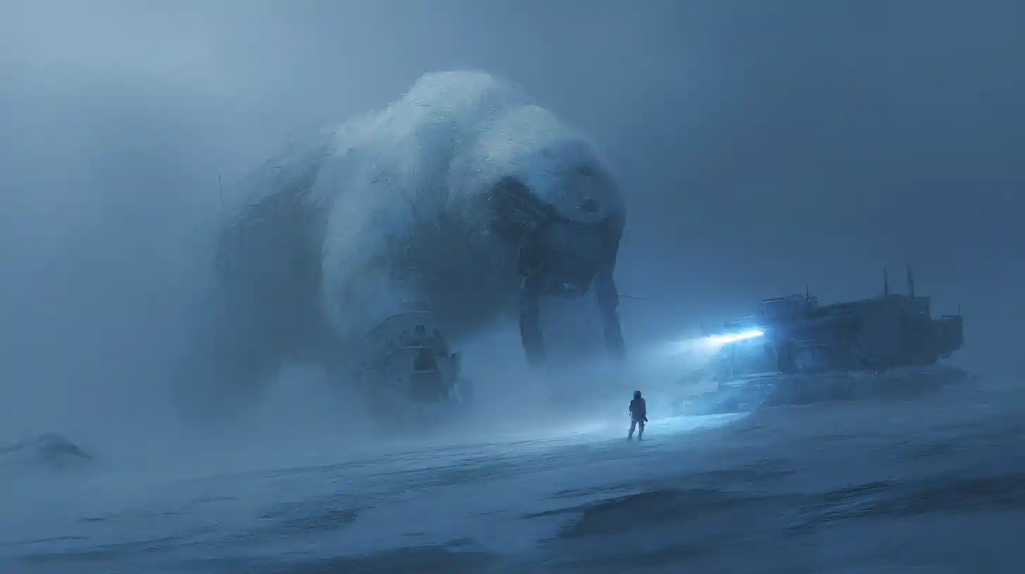 Massive arctic golem strides through a raging snowstorm