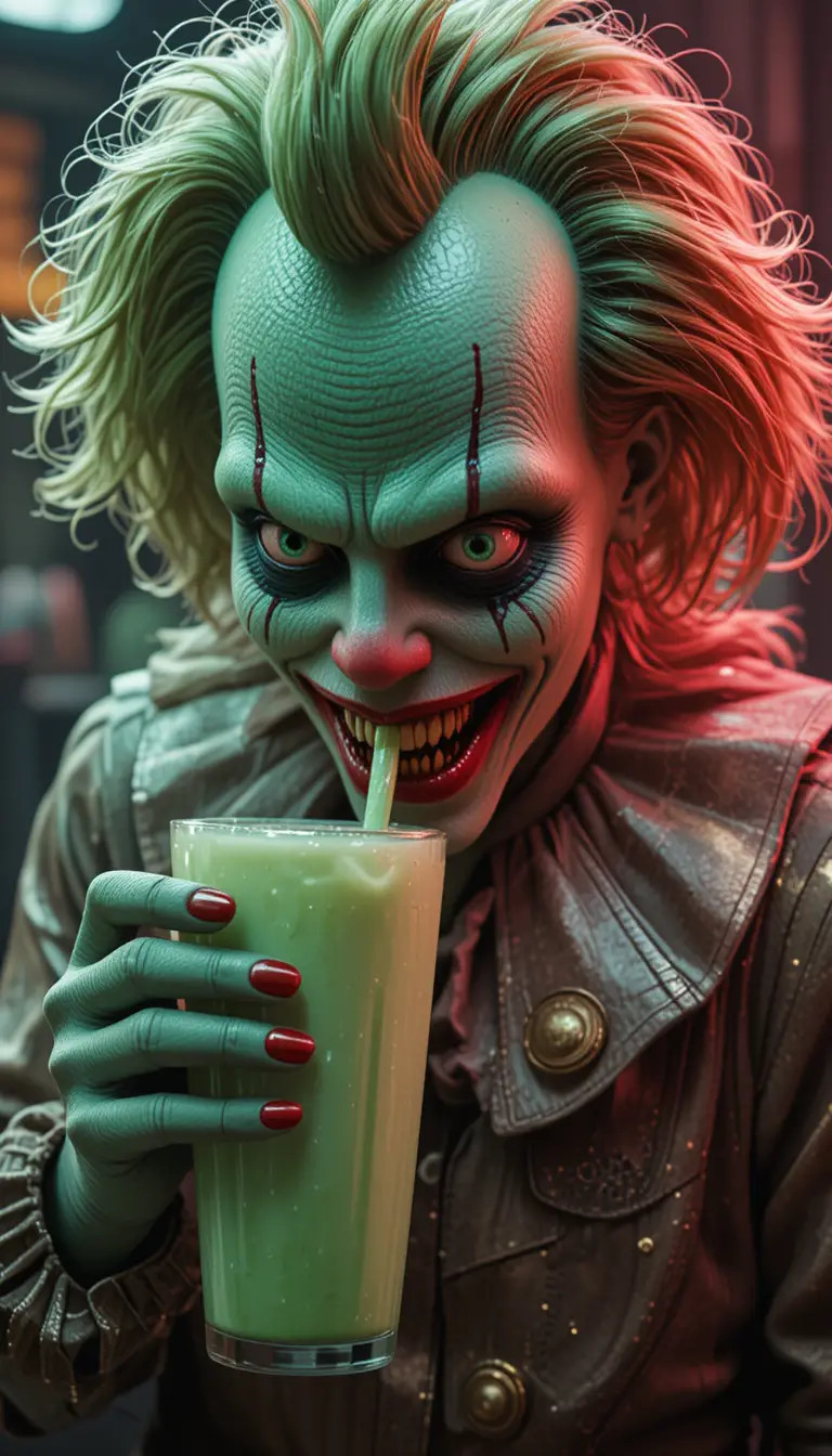 Payaso verde escalofriante bebiendo batido en un restaurante de comida rápida