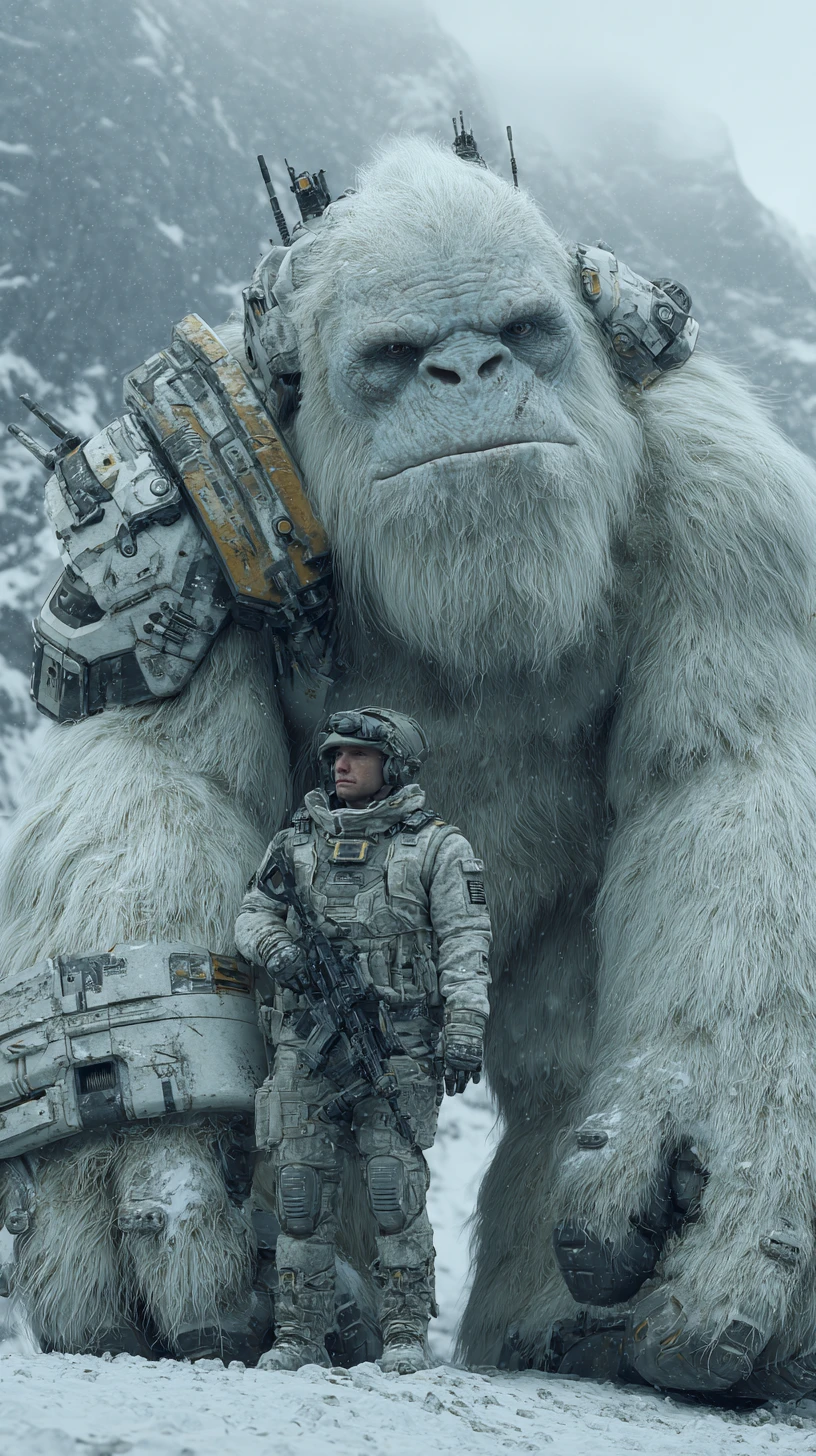 Yeti branco cibernético blindado ao lado de soldado nas montanhas nevadas