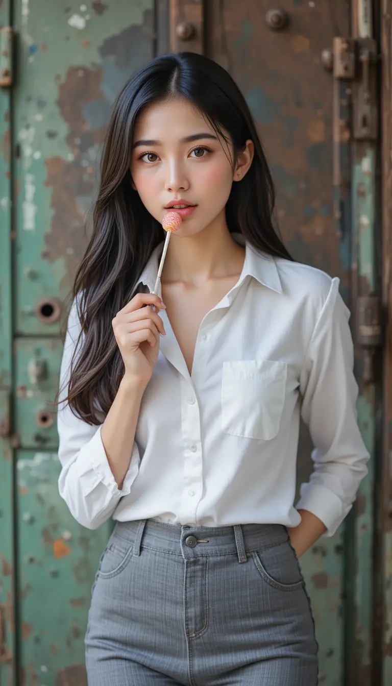 Playful young woman with lollipop in office style outfit