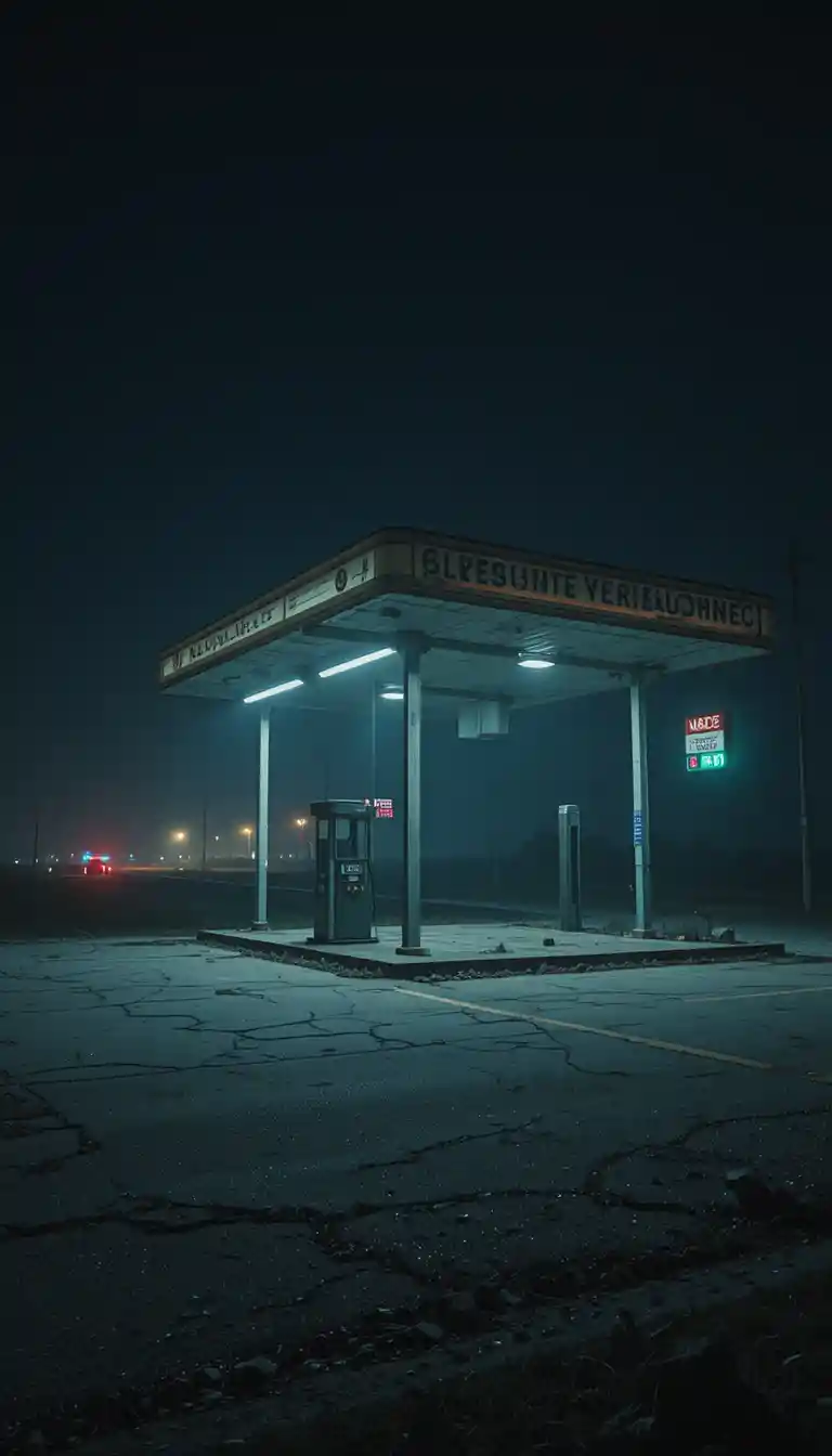 Lonely rural gas station at night on a foggy highway