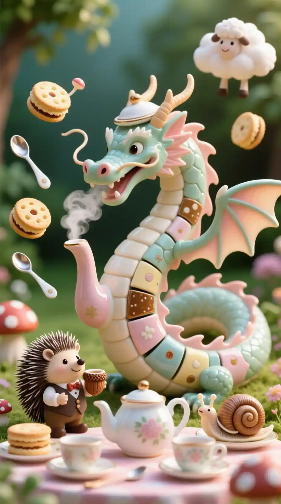 동글게 말린 티포트 드래곤이 여는 기 whimsical 한 정원 티파티
