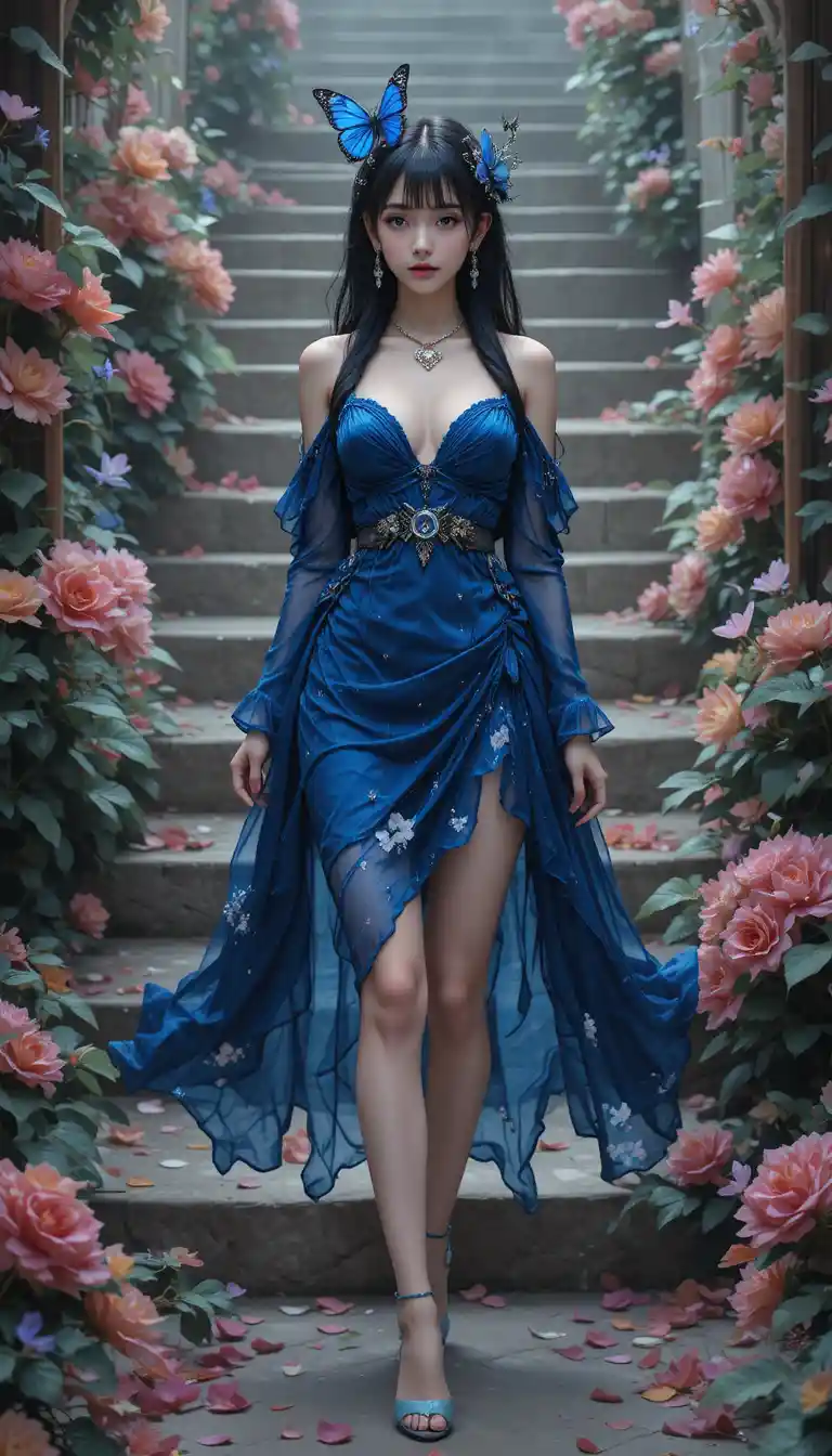 Elegant anime girl in blue dress on outdoor stairs