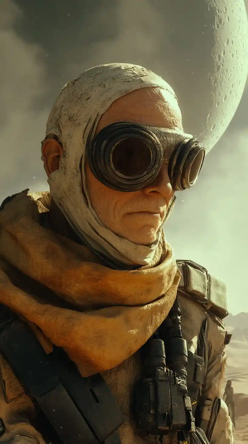 Old man in alien desert camp beneath a small moon