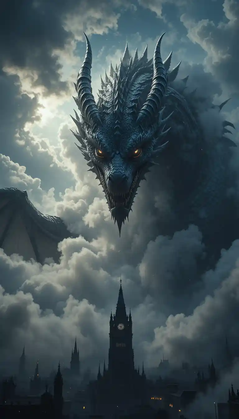 Gigantischer Drache, der aus wirbelnden Sturmwolken über der Stadt auftaucht
