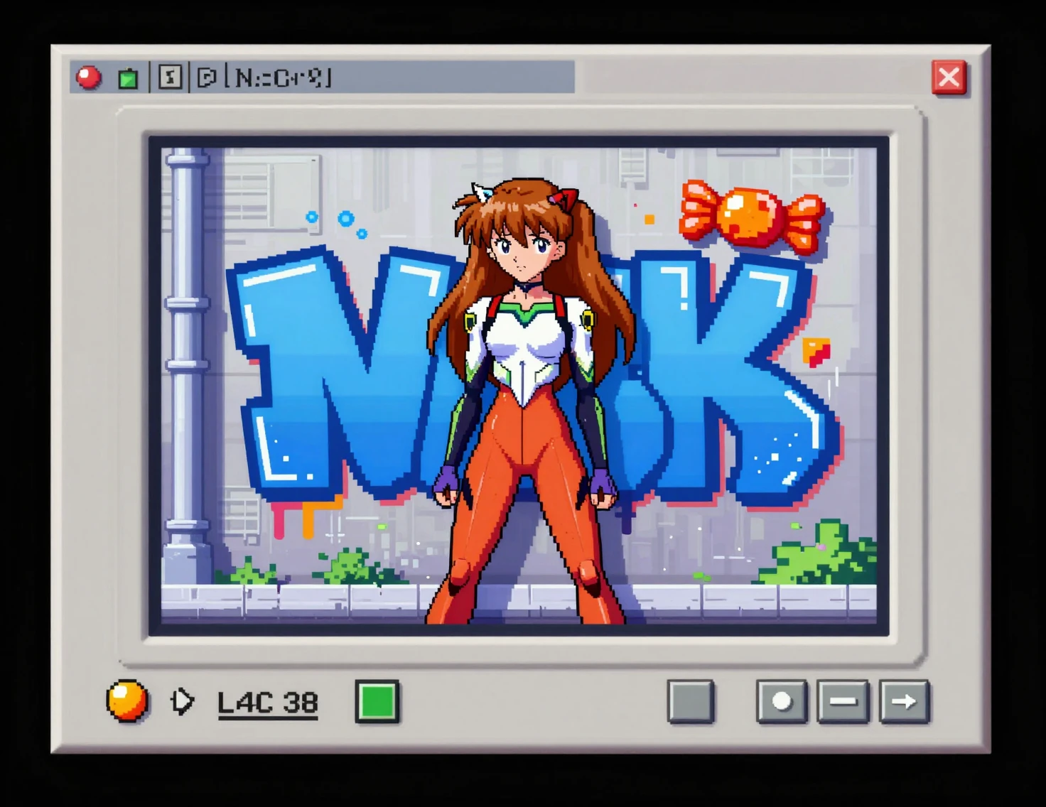 Anime-Mädchen sprayt Graffiti in einer Retro-Pixel-Spielstraße