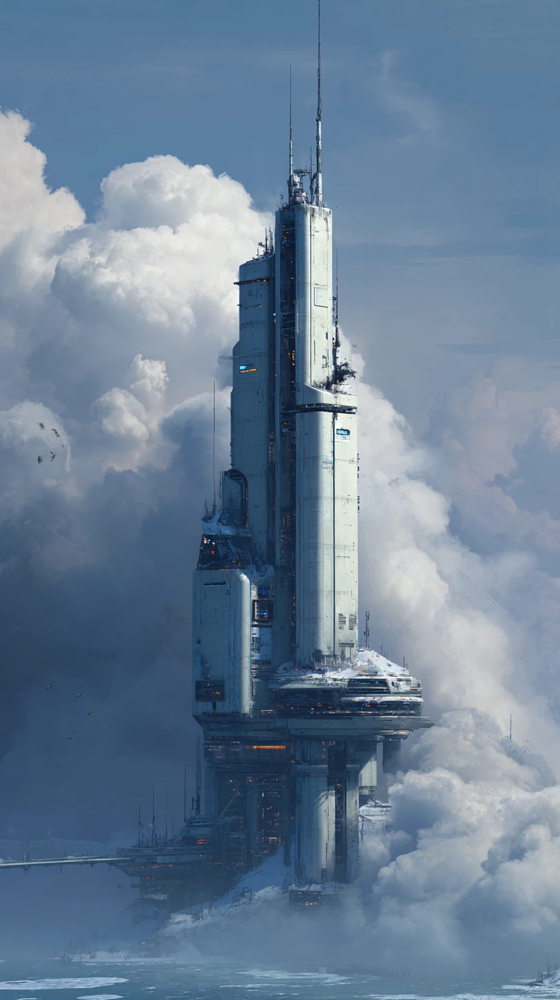 Futuristischer Turm-Hauptsitz über einem Unterwasservulkan auf Krios 9